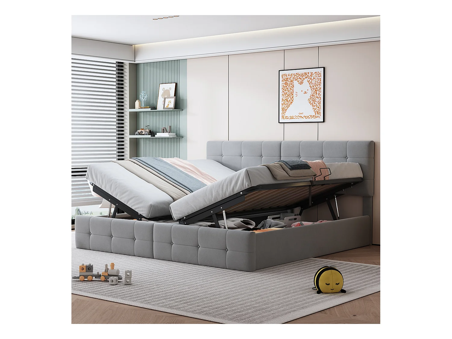 Letto 180x200 cm con contenitore idraulico, Letto multifunzionale in velluto, Testiera regolabile, Grigio (203x180x105 cm)