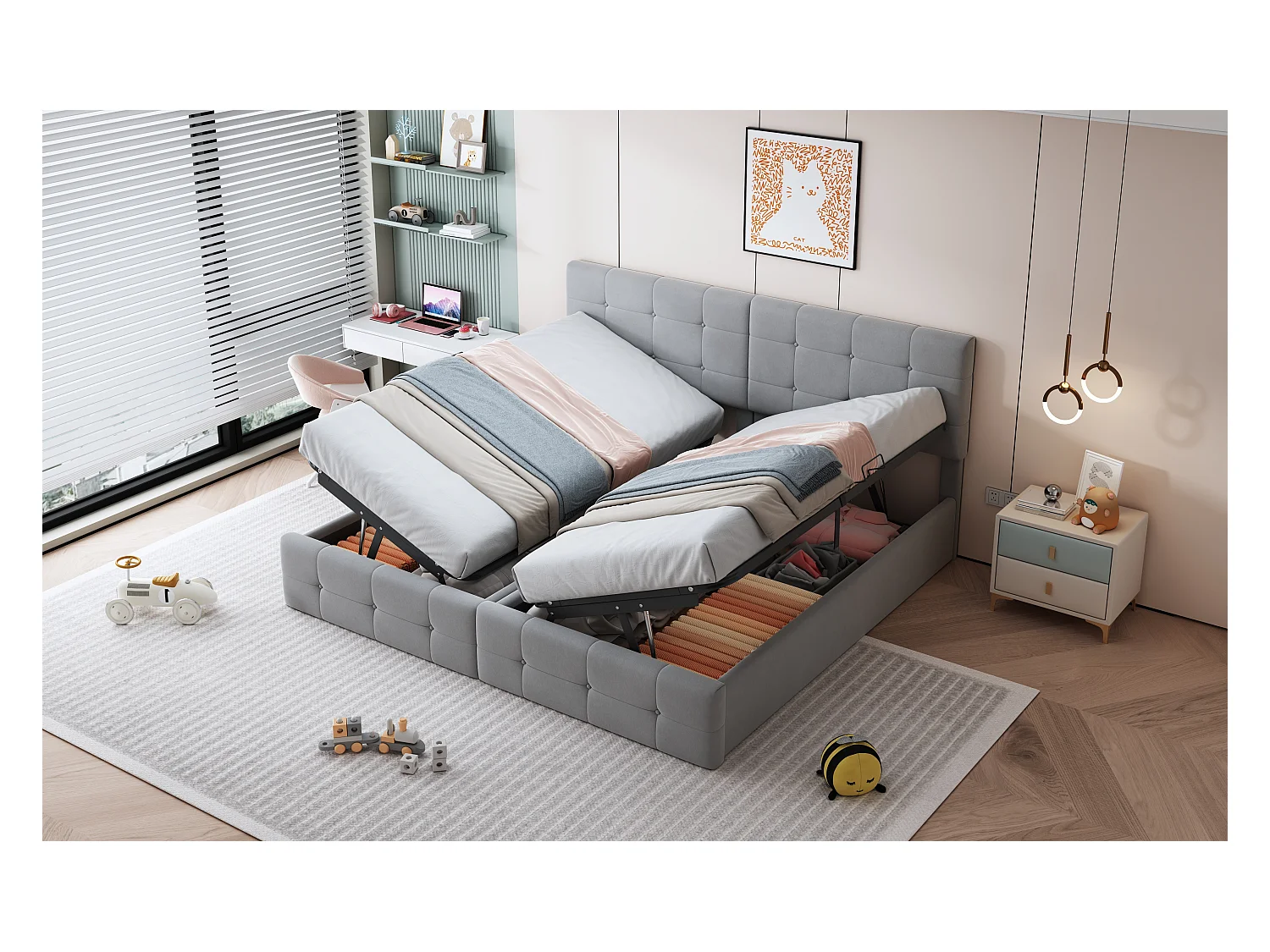 Letto 180x200 cm con contenitore idraulico, Letto multifunzionale in velluto, Testiera regolabile, Grigio (203x180x105 cm)