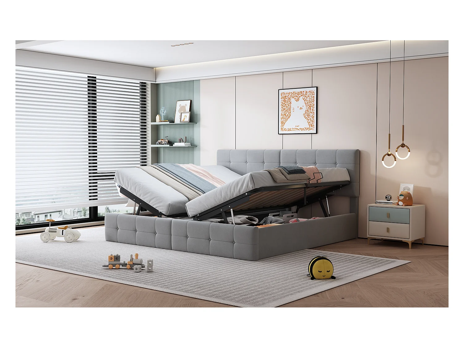 Letto 180x200 cm con contenitore idraulico, Letto multifunzionale in velluto, Testiera regolabile, Grigio (203x180x105 cm)