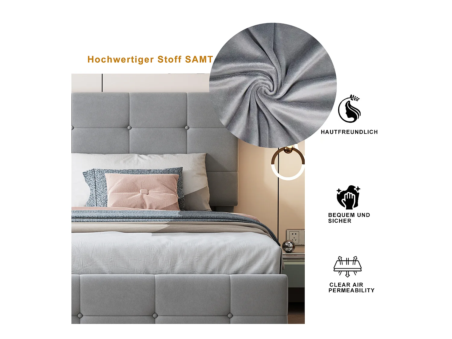 Letto 180x200 cm con contenitore idraulico, Letto multifunzionale in velluto, Testiera regolabile, Grigio (203x180x105 cm)