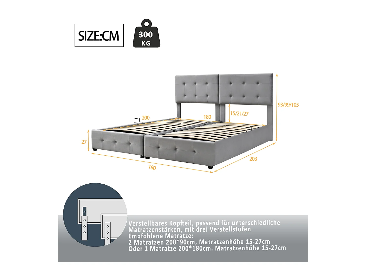 Letto 180x200 cm con contenitore idraulico, Letto multifunzionale in velluto, Testiera regolabile, Grigio (203x180x105 cm)