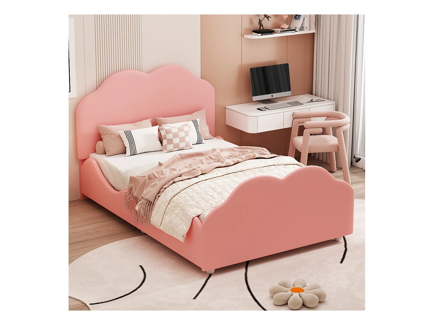Lit pour enfant 90 x 200 cm avec barrières de sécurité, tête et pied de lit en forme de nuage, tissu velours beige (207.5x95x107.5 cm)