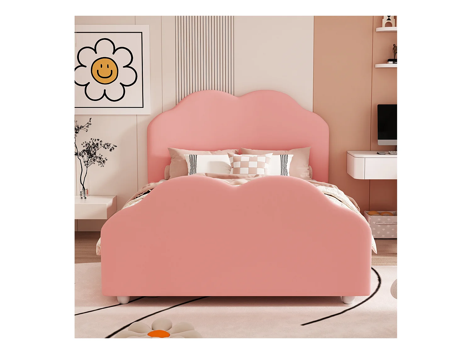 Lit pour enfant 90 x 200 cm avec barrières de sécurité, tête et pied de lit en forme de nuage, tissu velours beige (207.5x95x107.5 cm)
