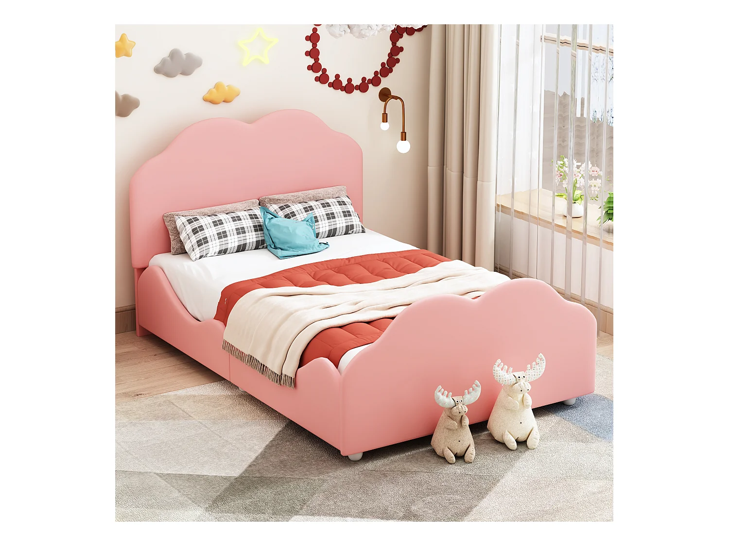 Lit pour enfant 90 x 200 cm avec barrières de sécurité, tête et pied de lit en forme de nuage, tissu velours beige (207.5x95x107.5 cm)