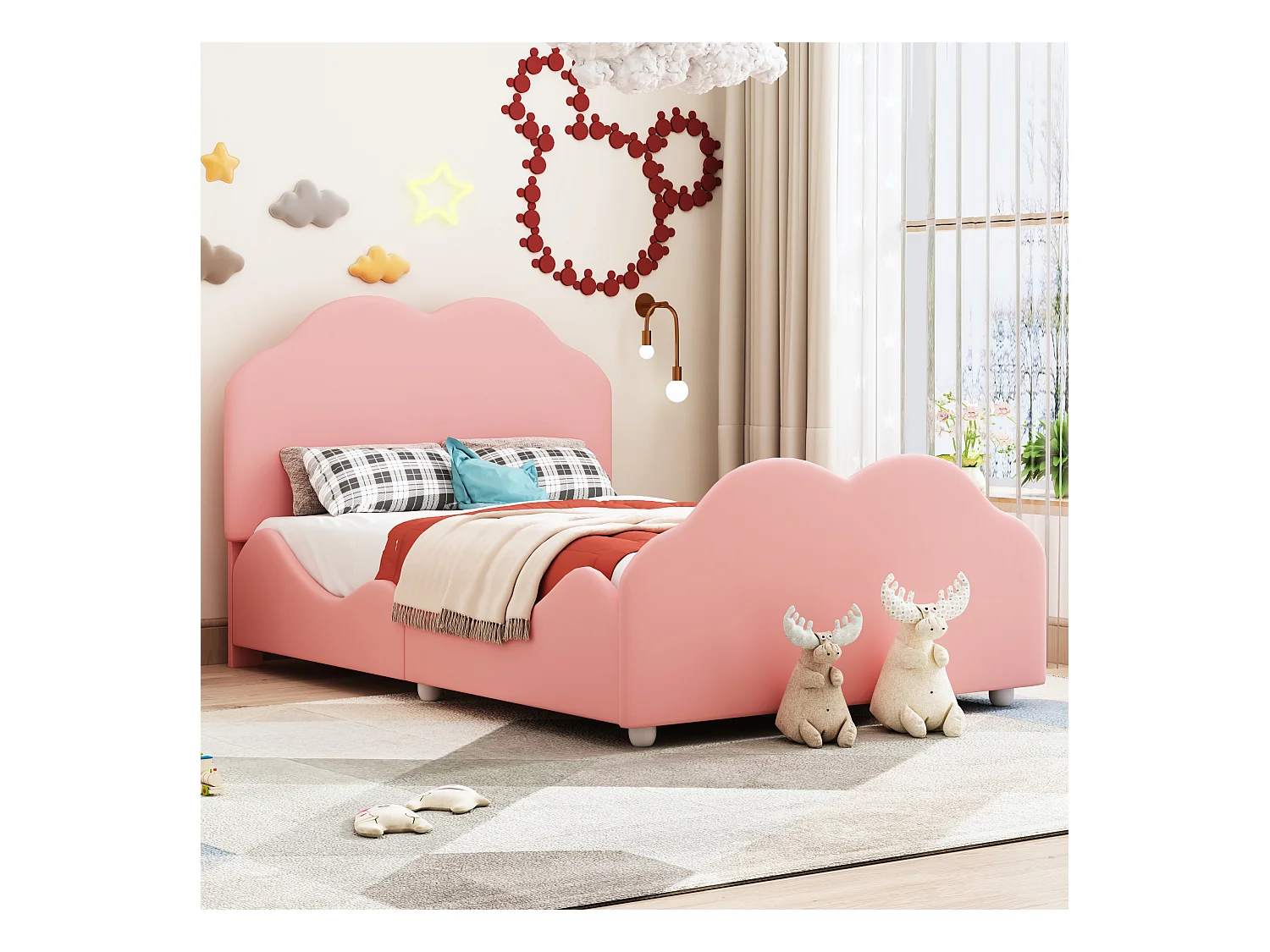 Lit pour enfant 90 x 200 cm avec barrières de sécurité, tête et pied de lit en forme de nuage, tissu velours beige (207.5x95x107.5 cm)