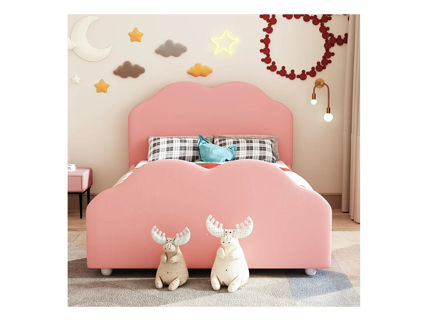 Lit pour enfant 90 x 200 cm avec barrières de sécurité, tête et pied de lit en forme de nuage, tissu velours beige (207.5x95x107.5 cm)