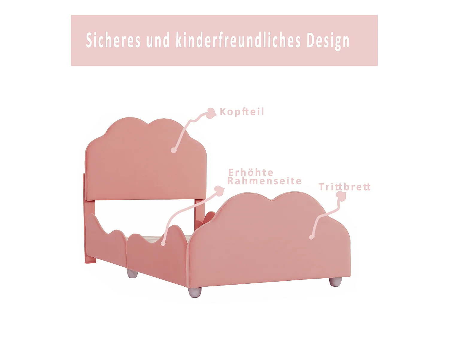 Lit pour enfant 90 x 200 cm avec barrières de sécurité, tête et pied de lit en forme de nuage, tissu velours beige (207.5x95x107.5 cm)