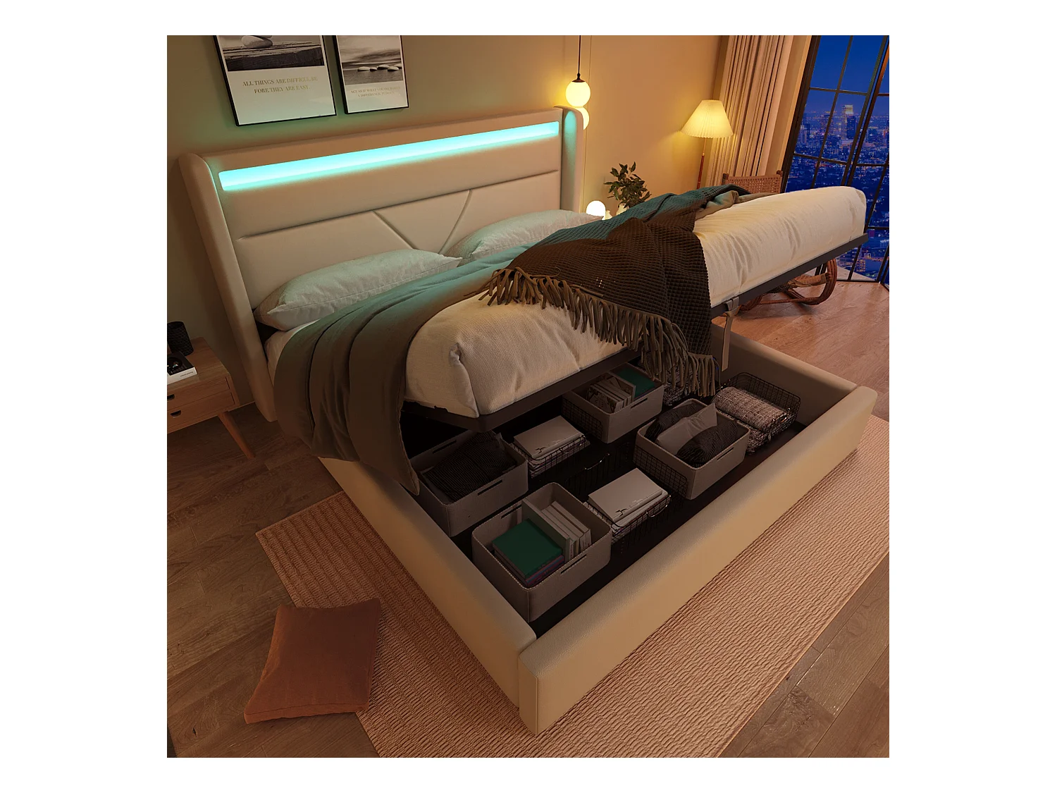 Lit double avec rangement hydraulique et LED, cadre en PU, blanc (202x146x107.5cm)