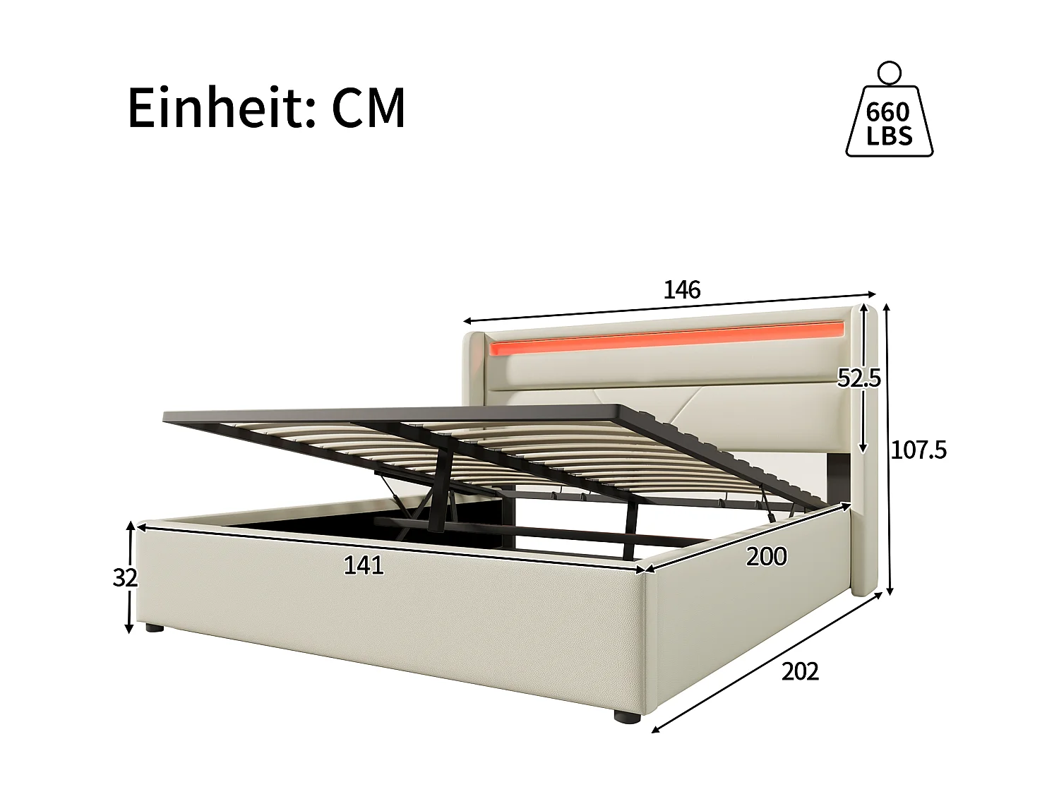 Lit double avec rangement hydraulique et LED, cadre en PU, blanc (202x146x107.5cm)