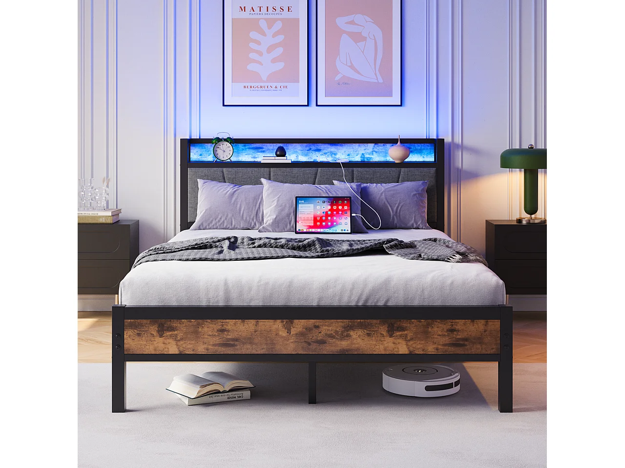 Letto a piattaforma 120x200 cm con LED, testiera contenitore, metallo, marrone antico (216,6x121,2x98,3 cm)