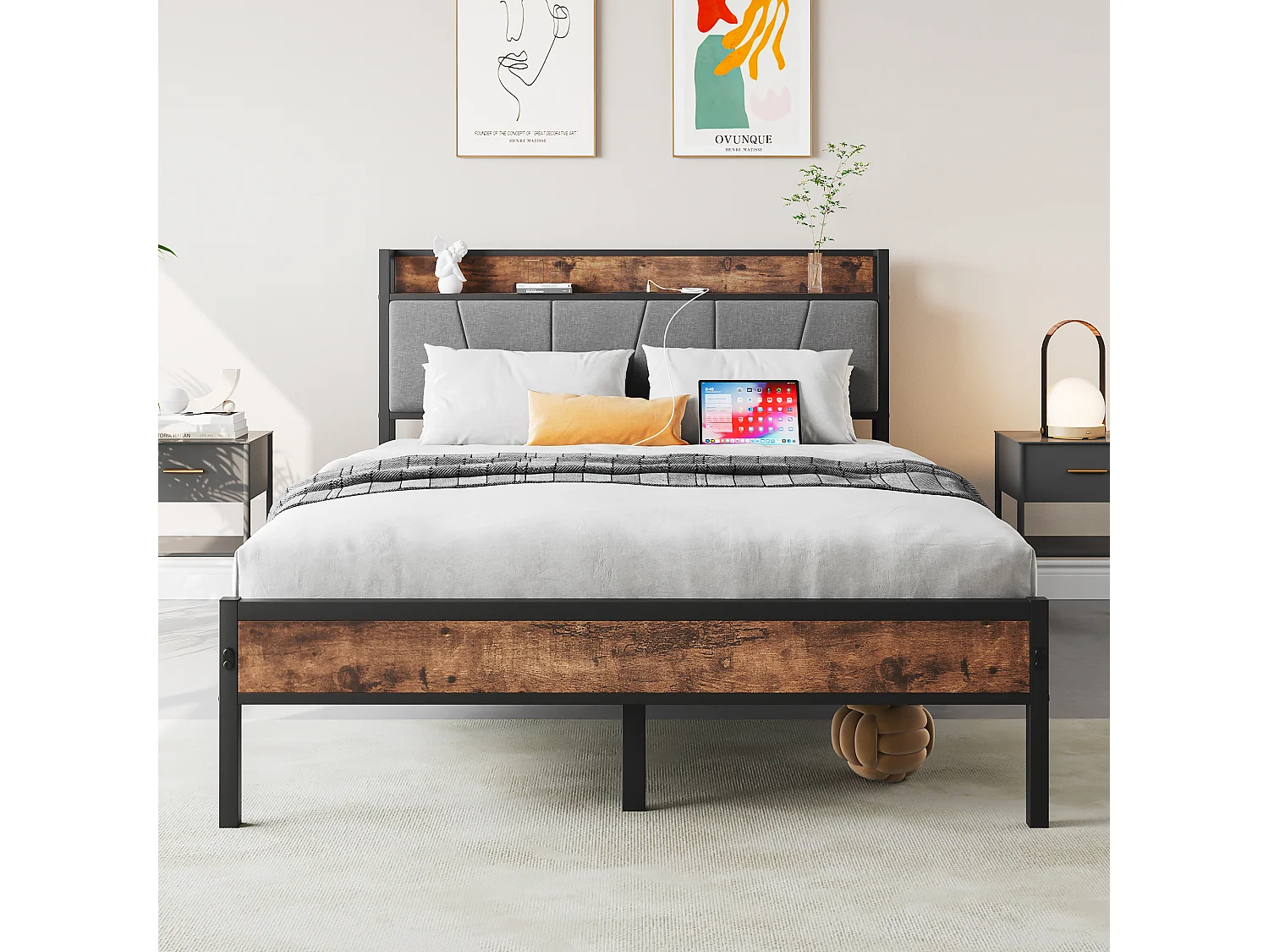 Letto a piattaforma 120x200 cm con LED, testiera contenitore, metallo, marrone antico (216,6x121,2x98,3 cm)