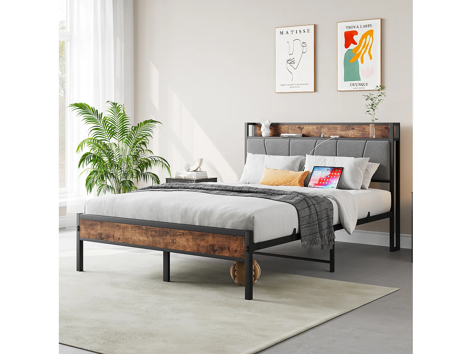 Letto a piattaforma 120x200 cm con LED, testiera contenitore, metallo, marrone antico (216,6x121,2x98,3 cm)