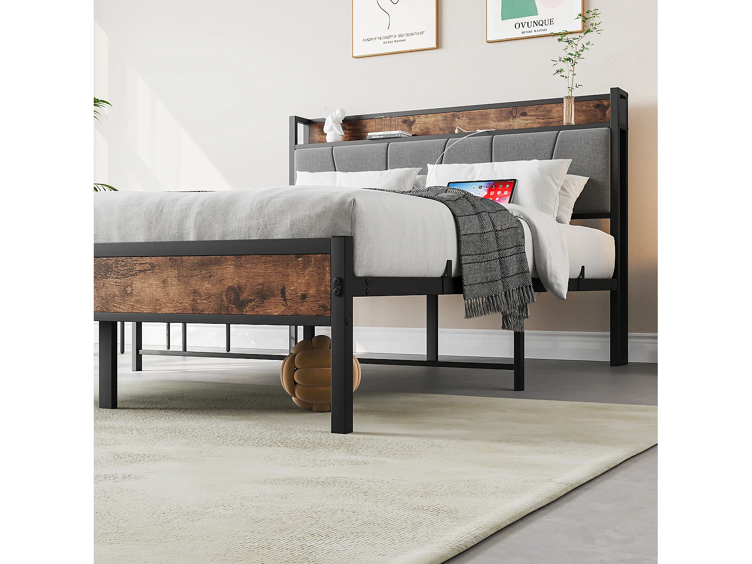 Letto a piattaforma 120x200 cm con LED, testiera contenitore, metallo, marrone antico (216,6x121,2x98,3 cm)