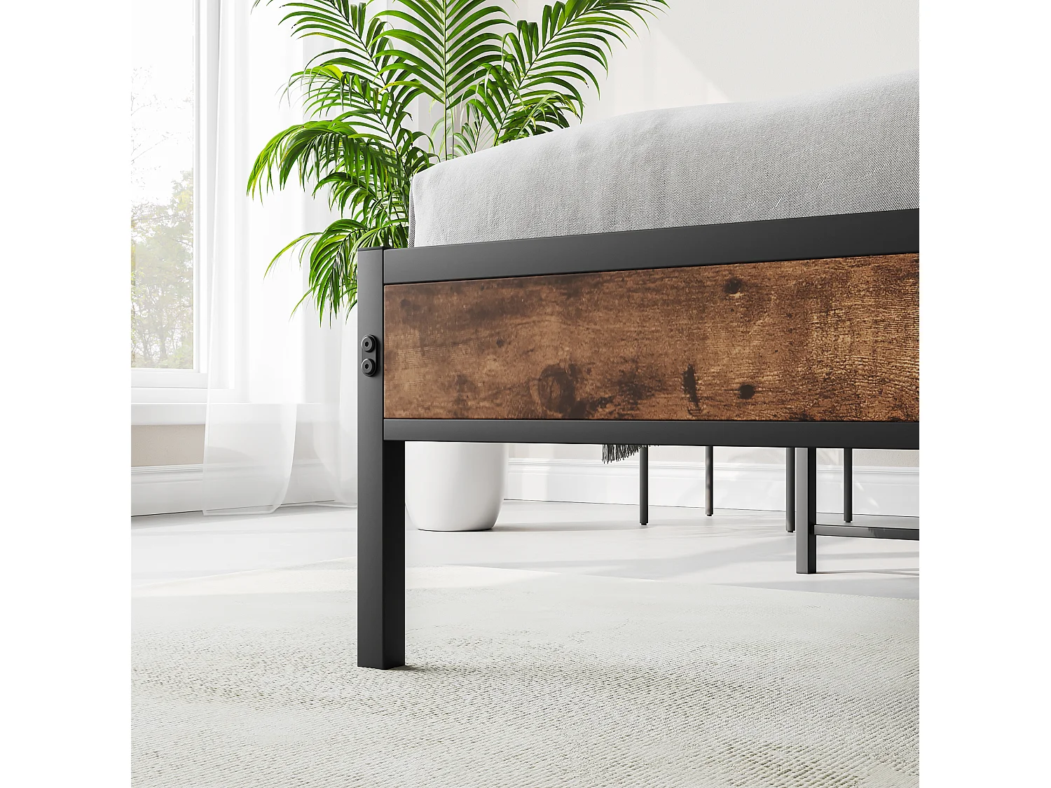 Letto a piattaforma 120x200 cm con LED, testiera contenitore, metallo, marrone antico (216,6x121,2x98,3 cm)