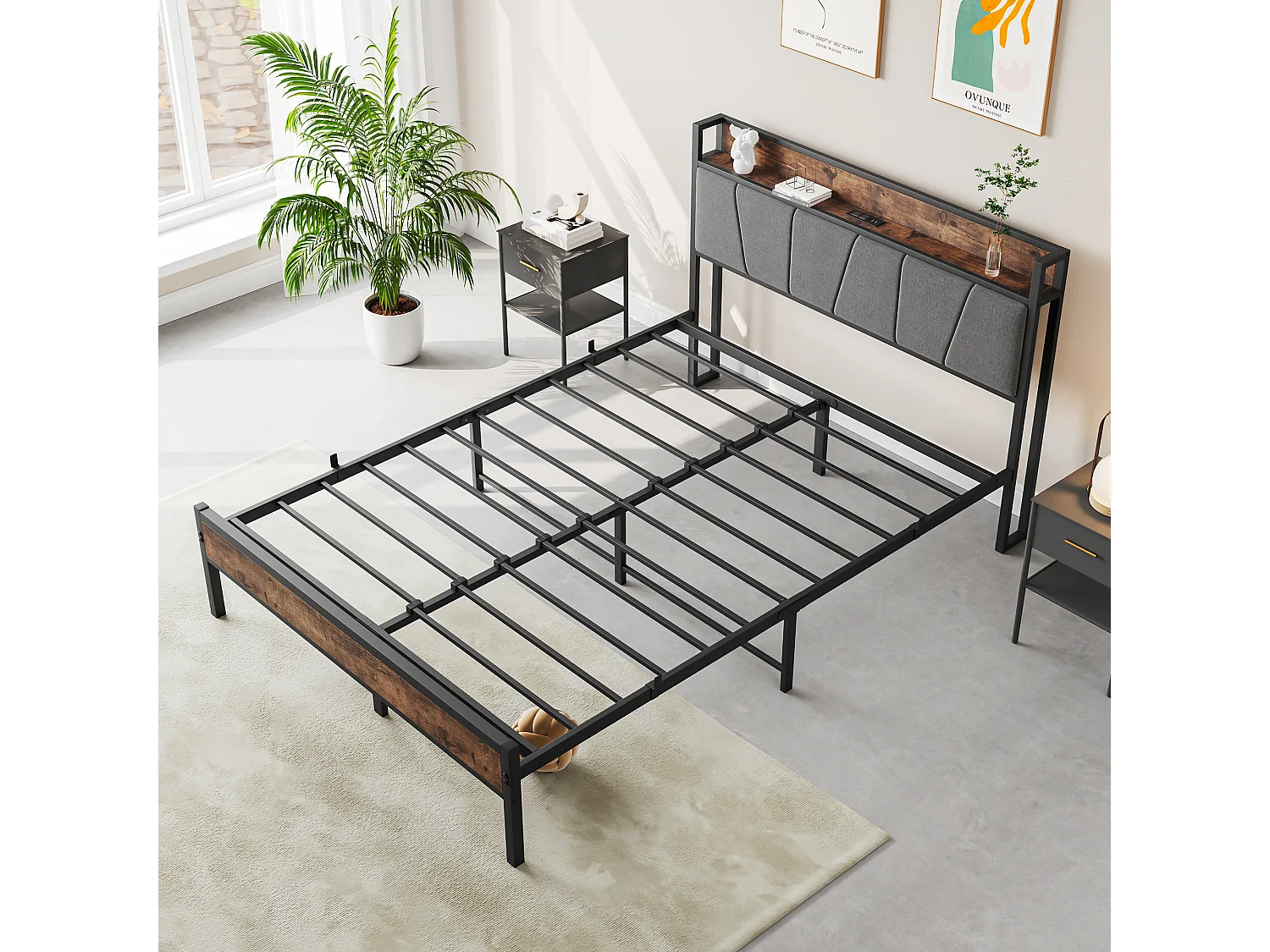 Letto a piattaforma 120x200 cm con LED, testiera contenitore, metallo, marrone antico (216,6x121,2x98,3 cm)