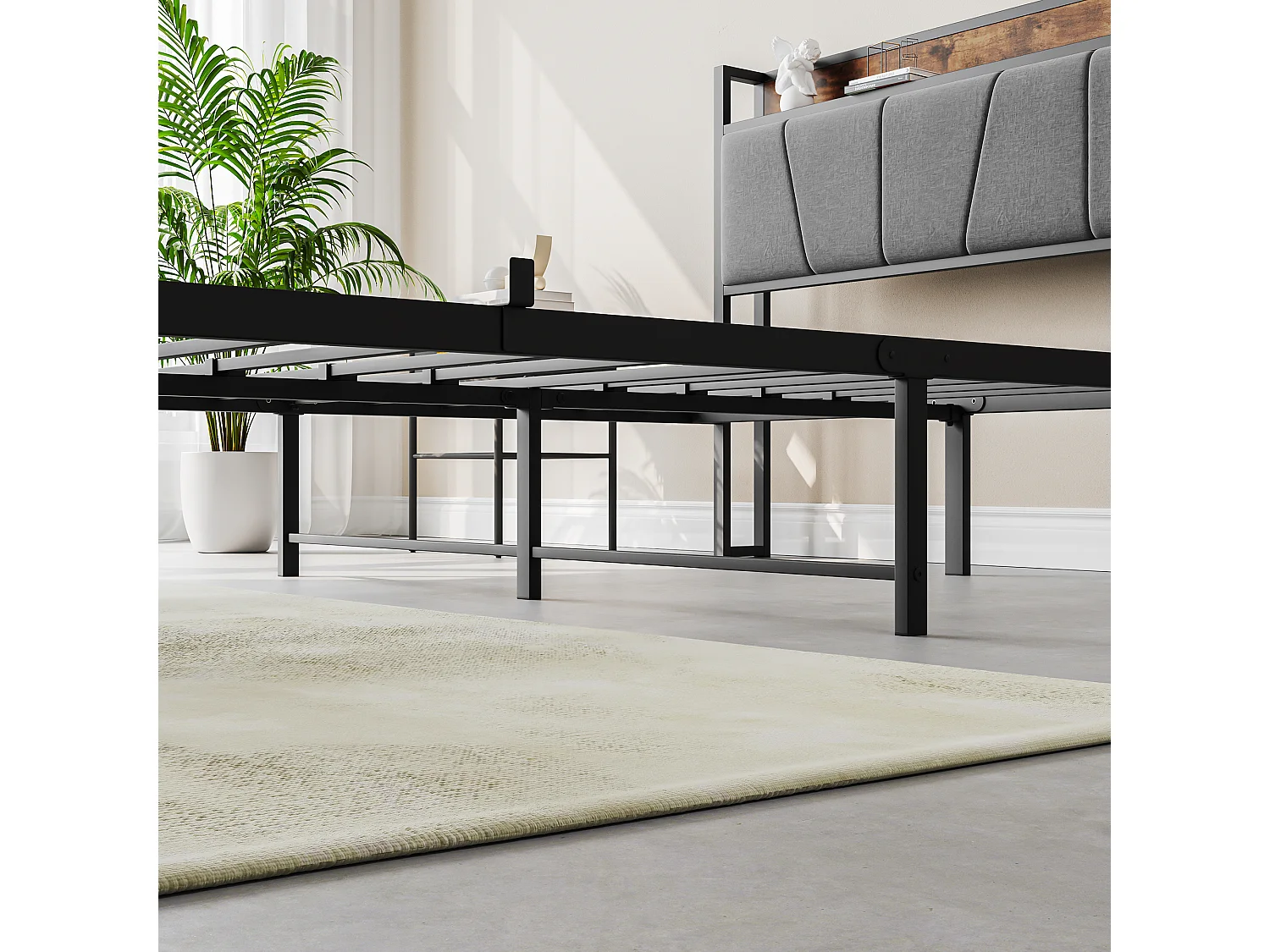 Letto a piattaforma 120x200 cm con LED, testiera contenitore, metallo, marrone antico (216,6x121,2x98,3 cm)