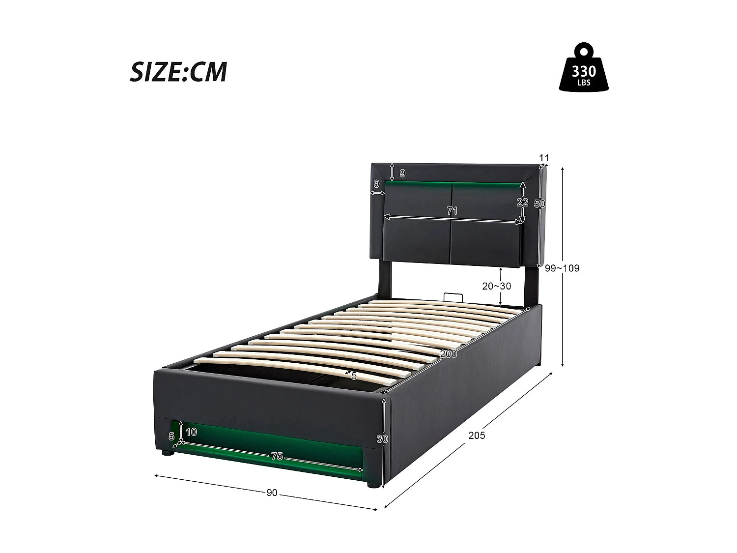 Lit rembourré 90 x 200 cm avec USB, LED et espace de rangement, PU lychee, noir (90x200 cm)