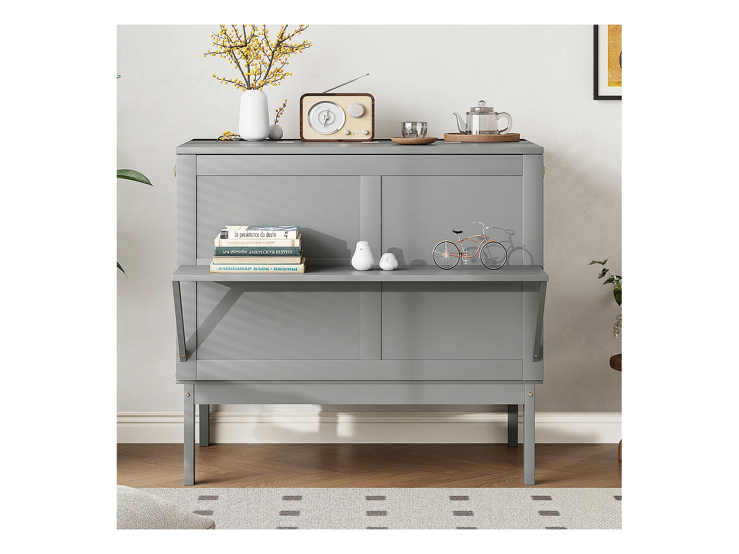 Lit escamotable vertical 90x200cm avec sommier à lattes, lit mural pliant en bois, lit pour jeunes, gris (205x96x101cm)