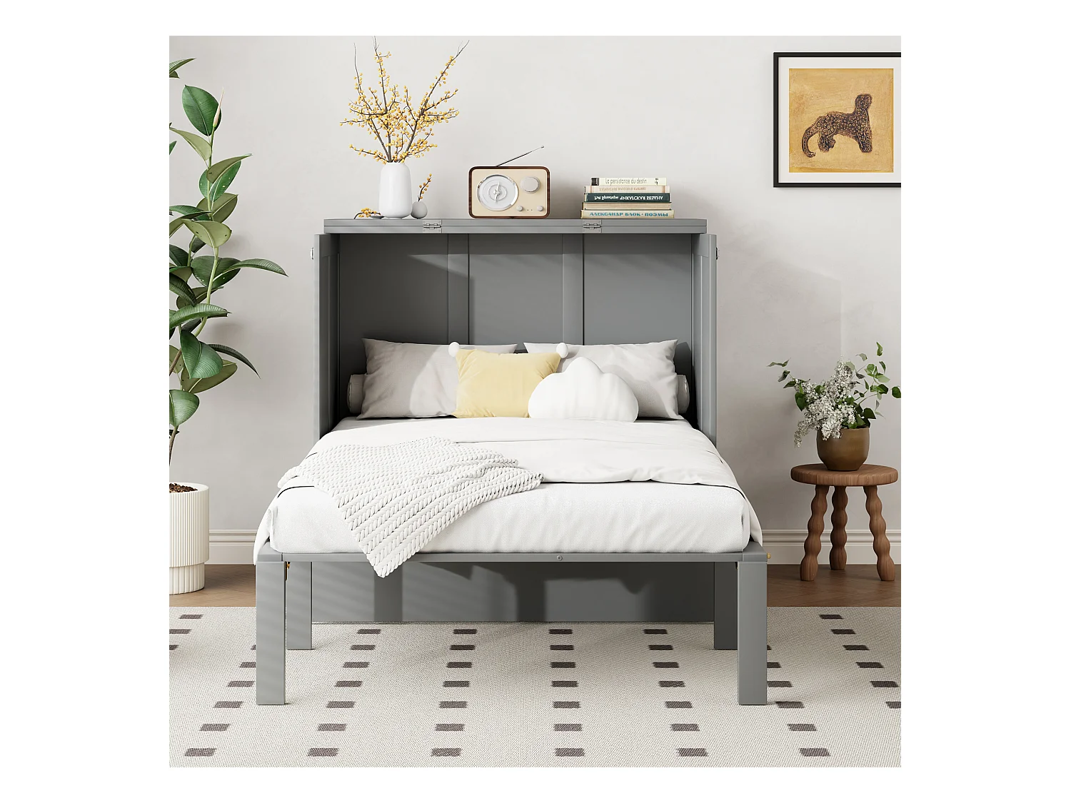 Lit escamotable vertical 90x200cm avec sommier à lattes, lit mural pliant en bois, lit pour jeunes, gris (205x96x101cm)