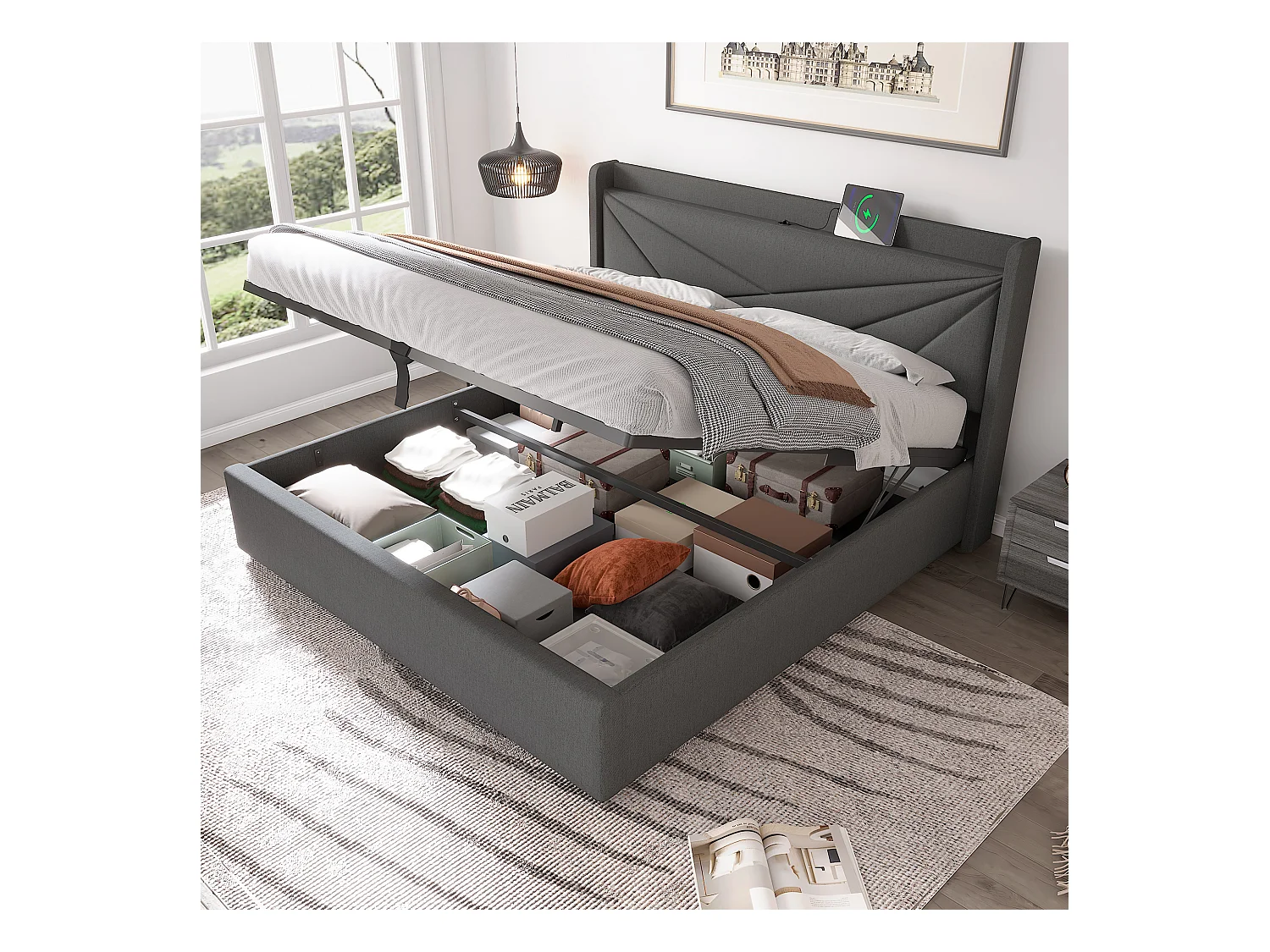 Tweepersoonsbed met opbergvak, USB Type-C oplaadfunctie, grijs linnen (166x208x107 cm)