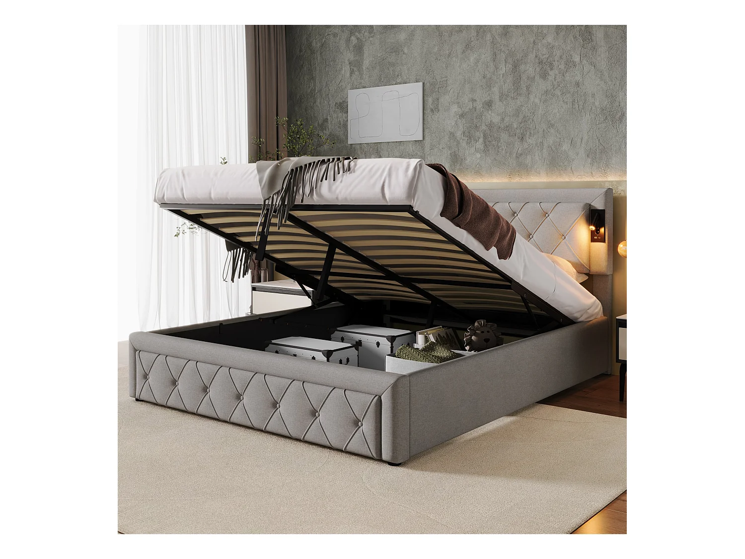 Gestoffeerd bed 160x200 cm, met Downlight, USB, LED, ruitvormig hoofdeinde en opbergruimte, grijs (zonder matras)