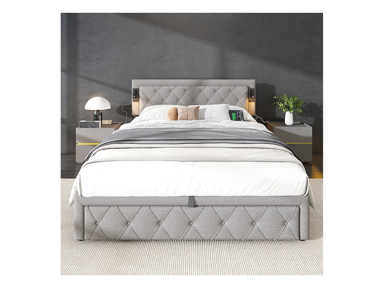 Gestoffeerd bed 160x200 cm, met Downlight, USB, LED, ruitvormig hoofdeinde en opbergruimte, grijs (zonder matras)