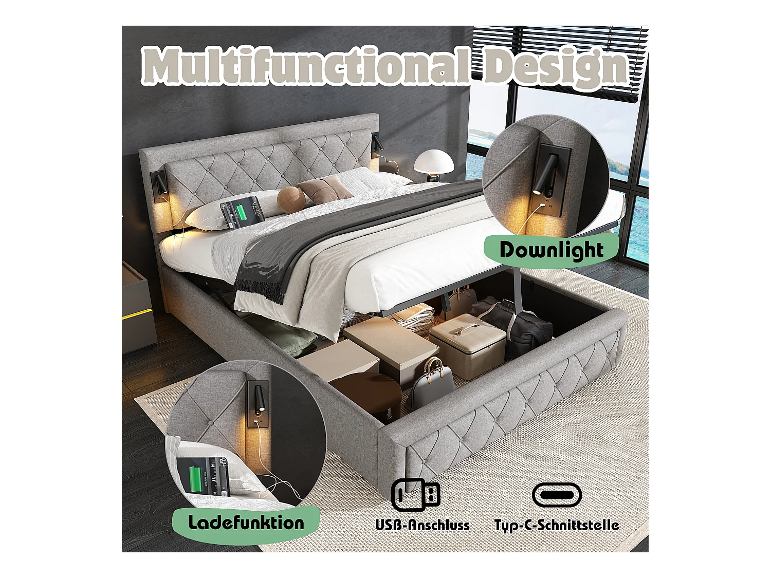 Gestoffeerd bed 160x200 cm, met Downlight, USB, LED, ruitvormig hoofdeinde en opbergruimte, grijs (zonder matras)