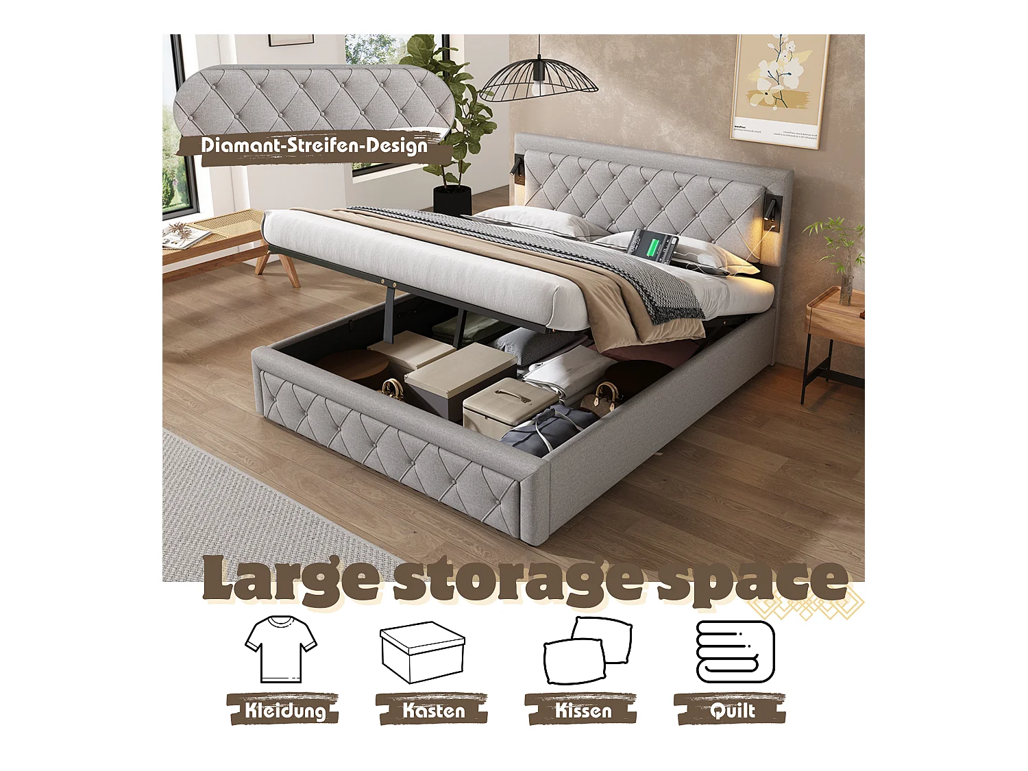 Gestoffeerd bed 160x200 cm, met Downlight, USB, LED, ruitvormig hoofdeinde en opbergruimte, grijs (zonder matras)