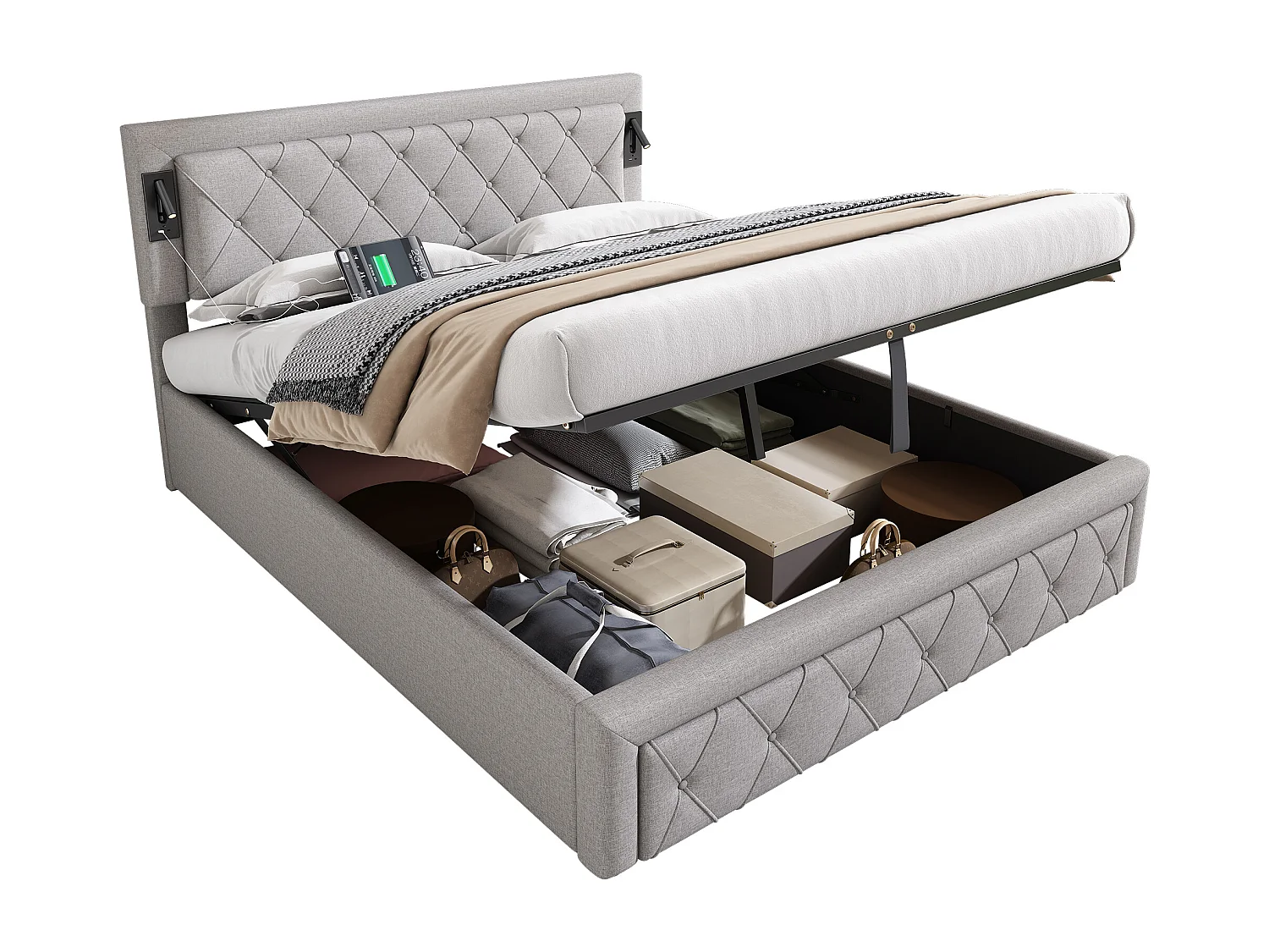 Gestoffeerd bed 160x200 cm, met Downlight, USB, LED, ruitvormig hoofdeinde en opbergruimte, grijs (zonder matras)