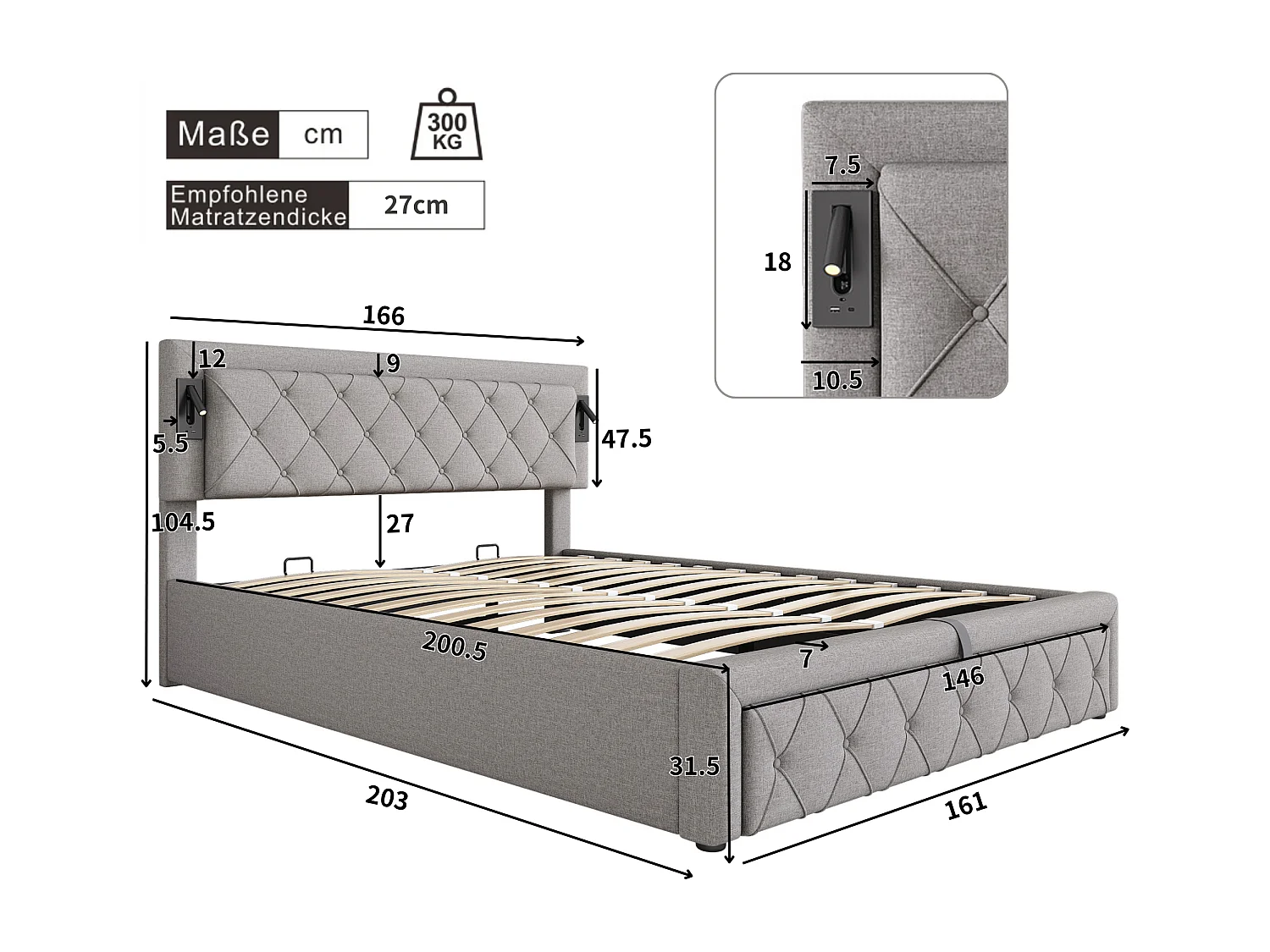 Cama tapizada 160x200 cm, con Downlight, USB, LED, cabecero en forma de rombo y almacenaje, color gris (sin colchón)