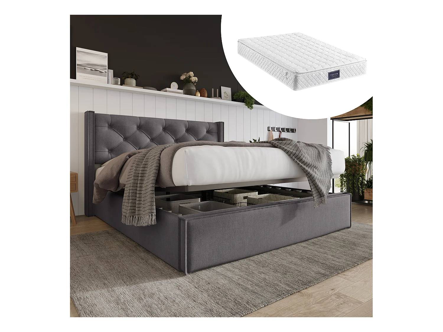 Lit avec rangement hydraulique, tête de lit réglable, 160x200 cm, en lin gris, avec sommier à lattes en bois et matelas (Dimensions : 214.5x153x113 cm)