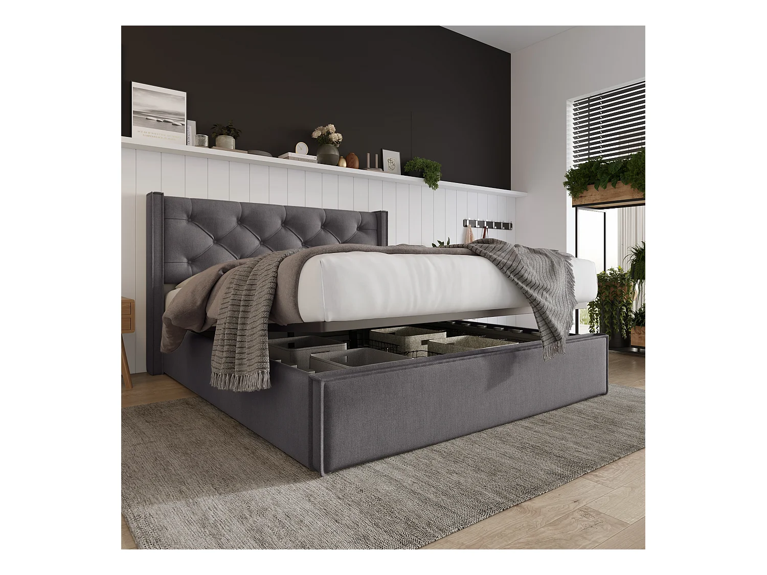 Lit avec rangement hydraulique, tête de lit réglable, 160x200 cm, en lin gris, avec sommier à lattes en bois et matelas (Dimensions : 214.5x153x113 cm)