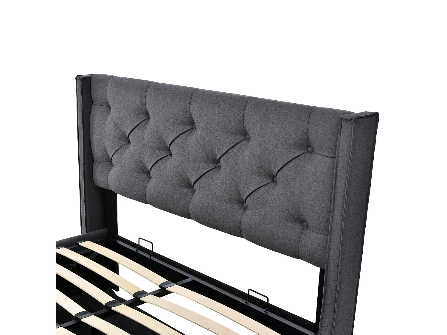 Letto con contenitore idraulico, testiera regolabile, 160x200 cm, in lino grigio, con rete a doghe di legno e materasso (Dimensioni: 214,5x153x113 cm)