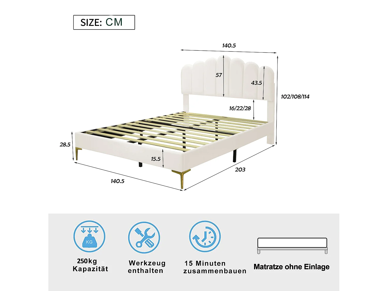 Lit tapissé double 140x200cm avec tête de lit réglable, sommier à lattes, velours beige (203x140.5x102/114cm)