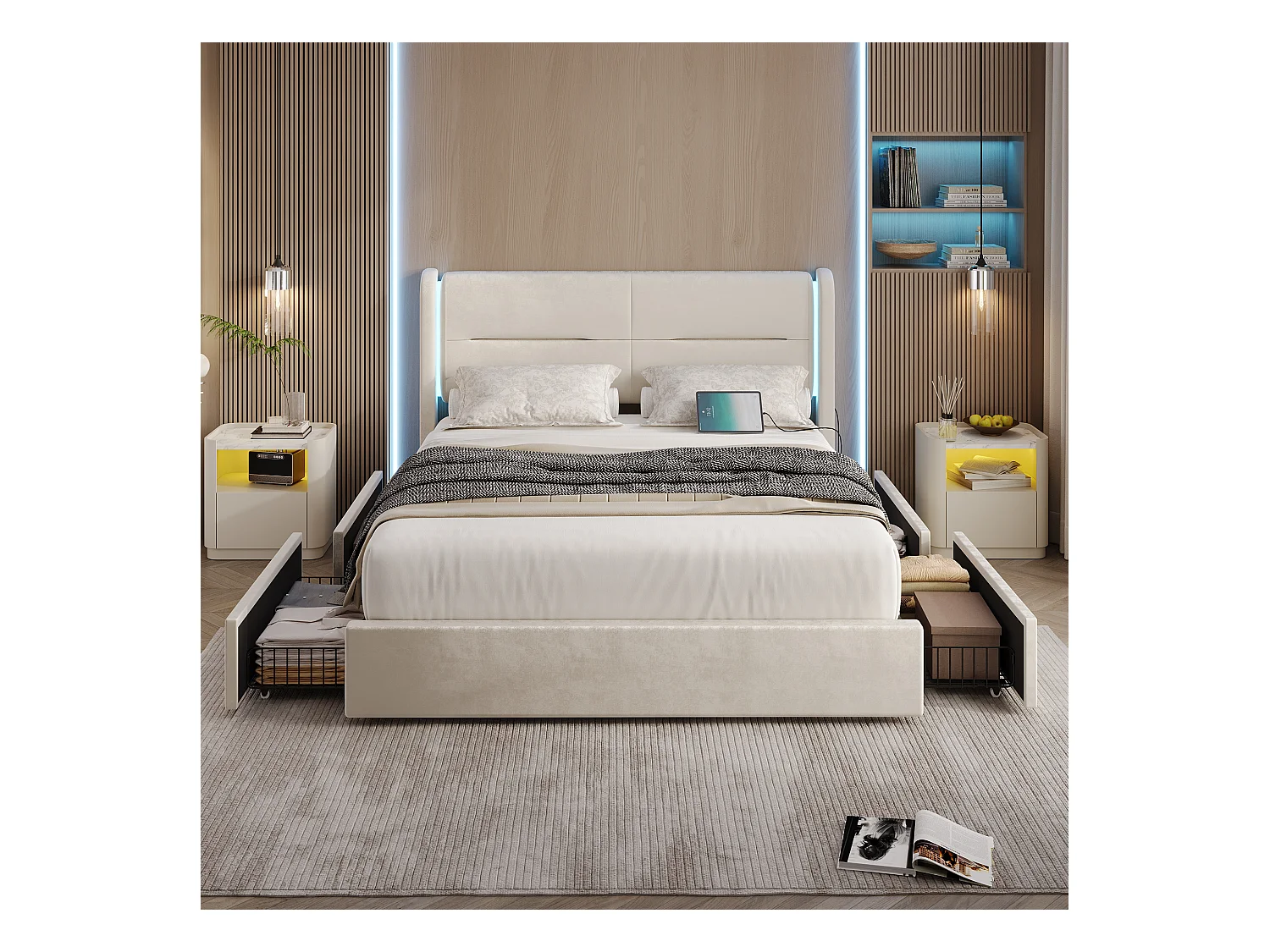 Lit 140 x 200 cm avec éclairage LED intégré, 4 tiroirs de rangement, rembourrage épais, ports USB et ailes élégantes, Beige (140x200 cm)