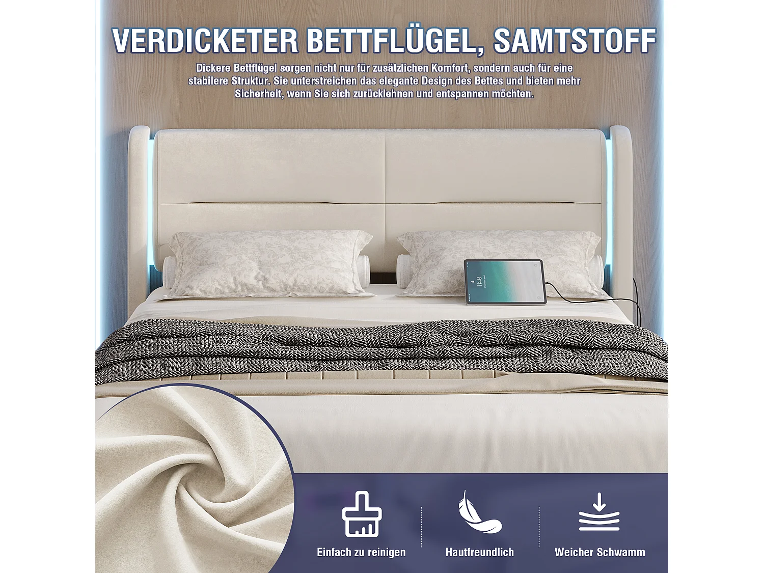 Lit 140 x 200 cm avec éclairage LED intégré, 4 tiroirs de rangement, rembourrage épais, ports USB et ailes élégantes, Beige (140x200 cm)