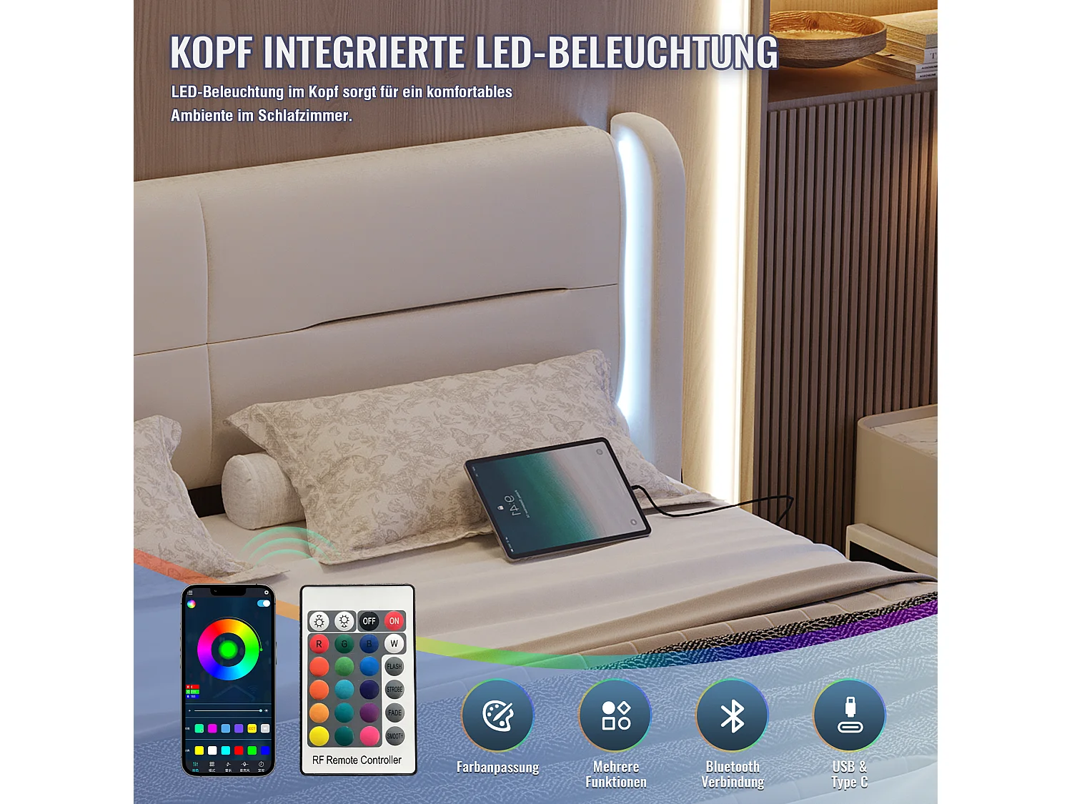 Lit 140 x 200 cm avec éclairage LED intégré, 4 tiroirs de rangement, rembourrage épais, ports USB et ailes élégantes, Beige (140x200 cm)