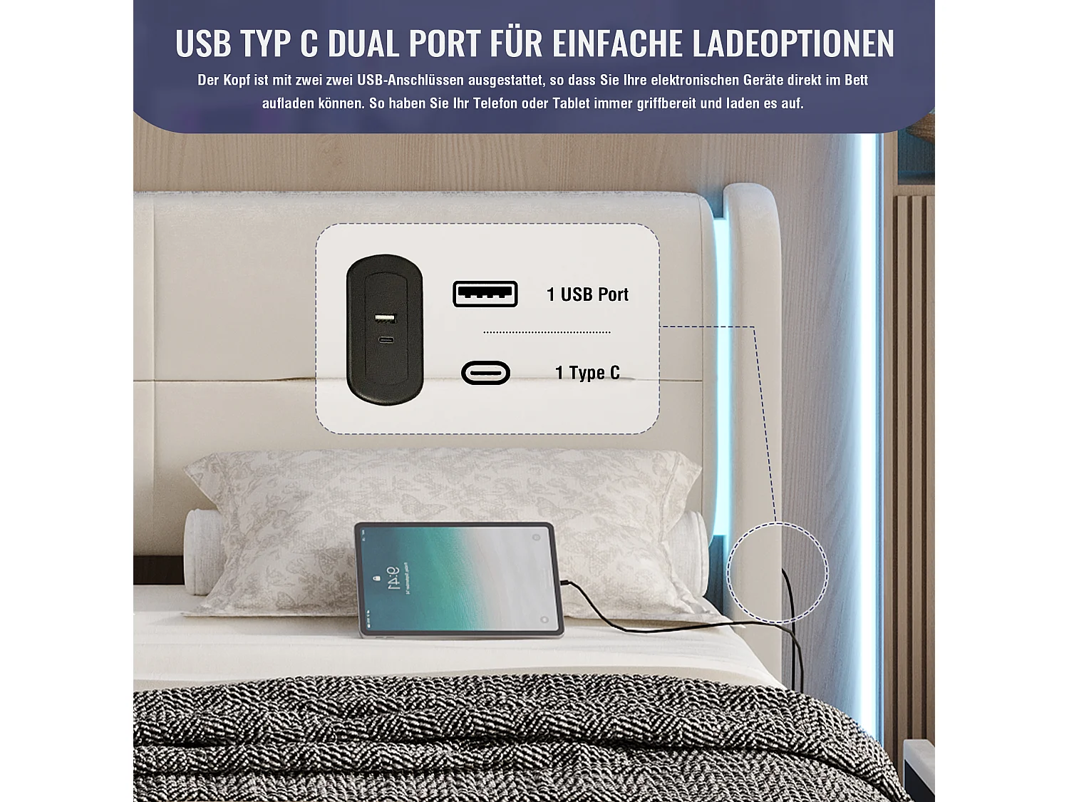 Lit 140 x 200 cm avec éclairage LED intégré, 4 tiroirs de rangement, rembourrage épais, ports USB et ailes élégantes, Beige (140x200 cm)