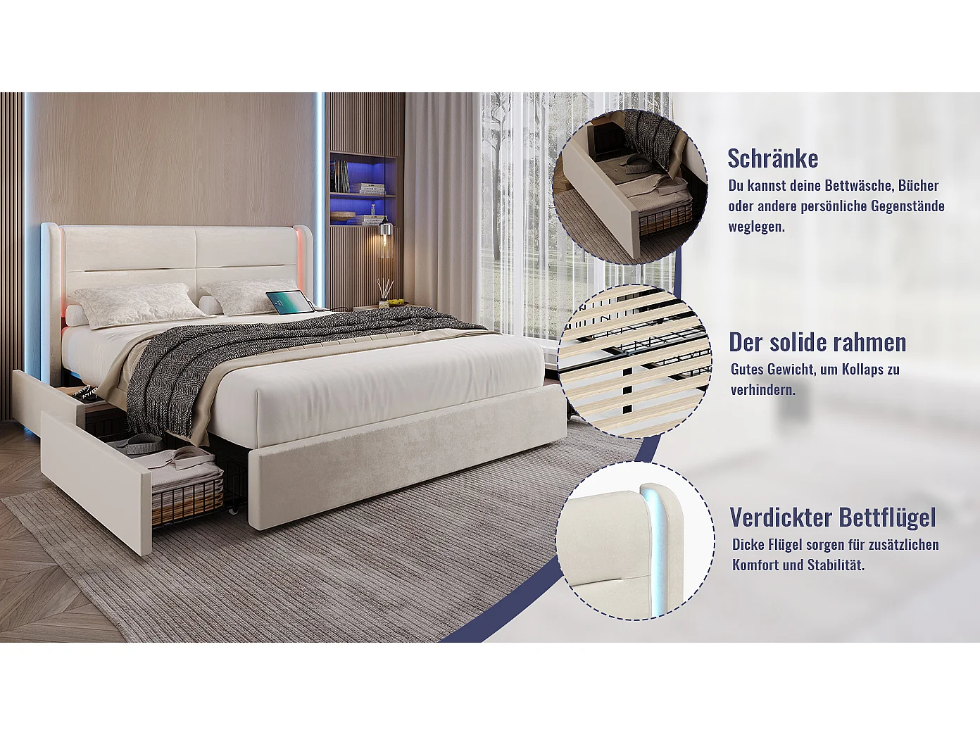 Lit 140 x 200 cm avec éclairage LED intégré, 4 tiroirs de rangement, rembourrage épais, ports USB et ailes élégantes, Beige (140x200 cm)