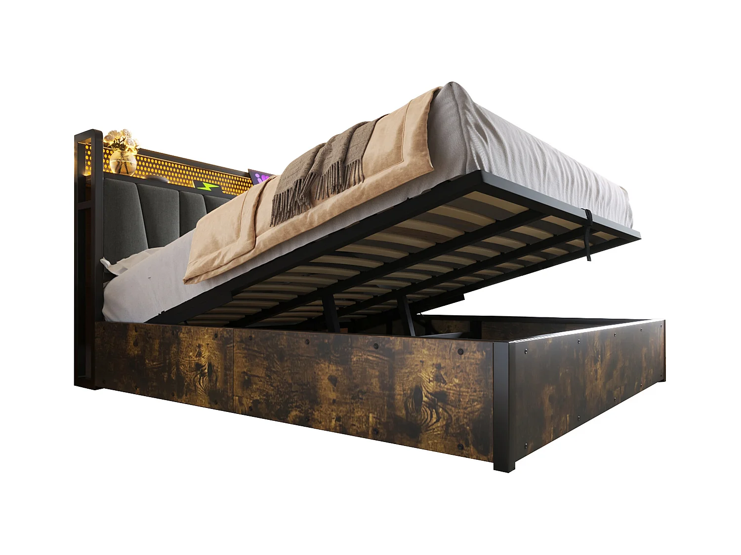 Lit métal double avec LED RGBW, contrôle appli, USB et prises, lin gris (166x222x99cm)