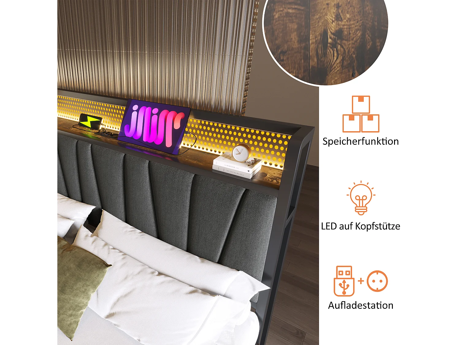 Lit métal double avec LED RGBW, contrôle appli, USB et prises, lin gris (166x222x99cm)