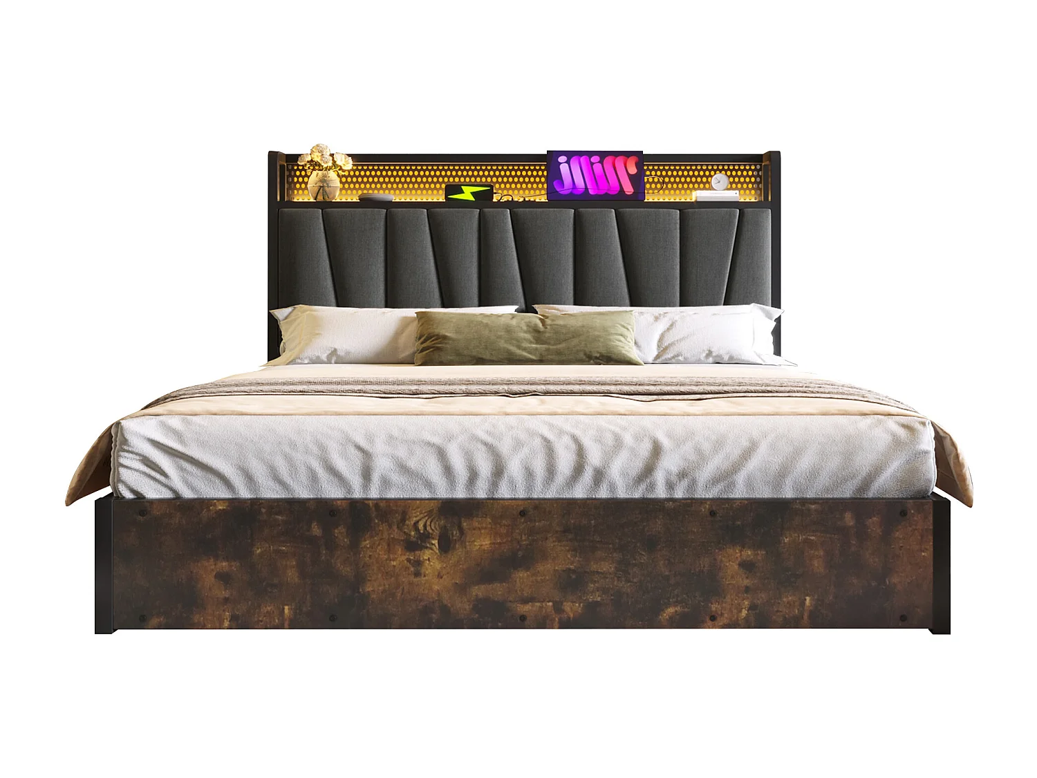 Lit métal double avec LED RGBW, contrôle appli, USB et prises, lin gris (166x222x99cm)