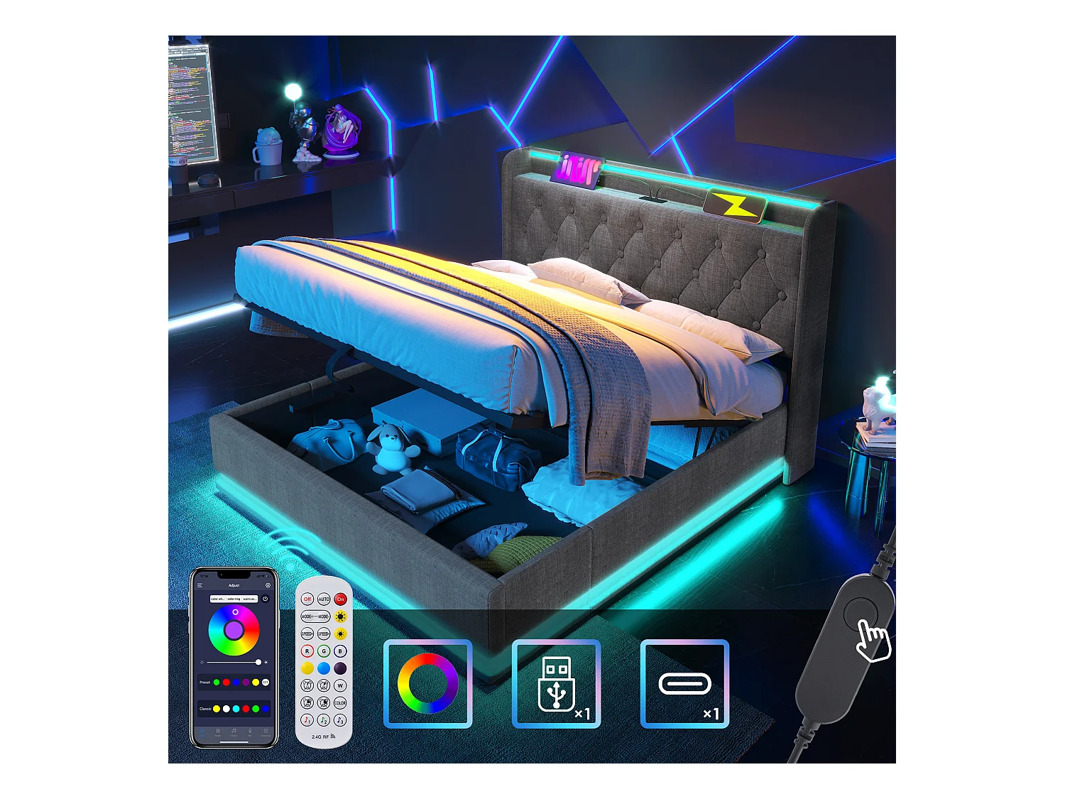 Lit avec LED 360° et rangement hydraulique, tête de lit avec USB Type-C, lin gris, 140x200 cm (220x154x104 cm)