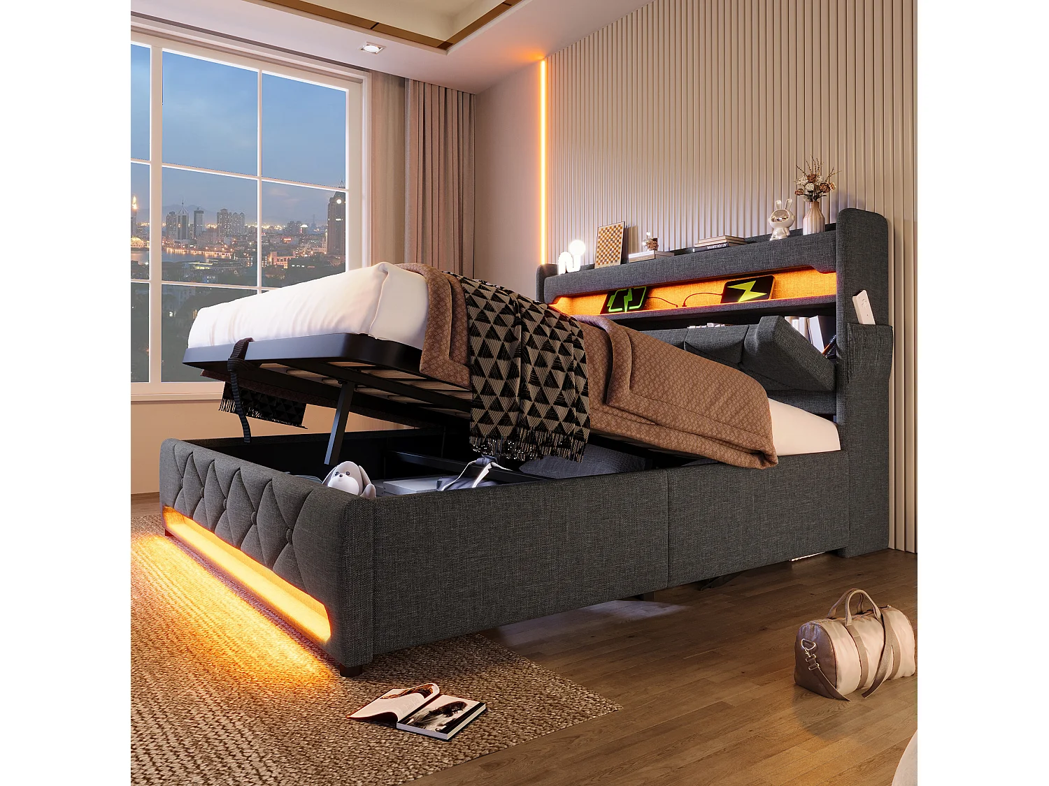 Letto matrimoniale 180x200 cm con testiera contenitore, porte USB e Type-C, LED a 360° che circonda il letto, sistema idraulico, lino grigio (255x186x111 cm)