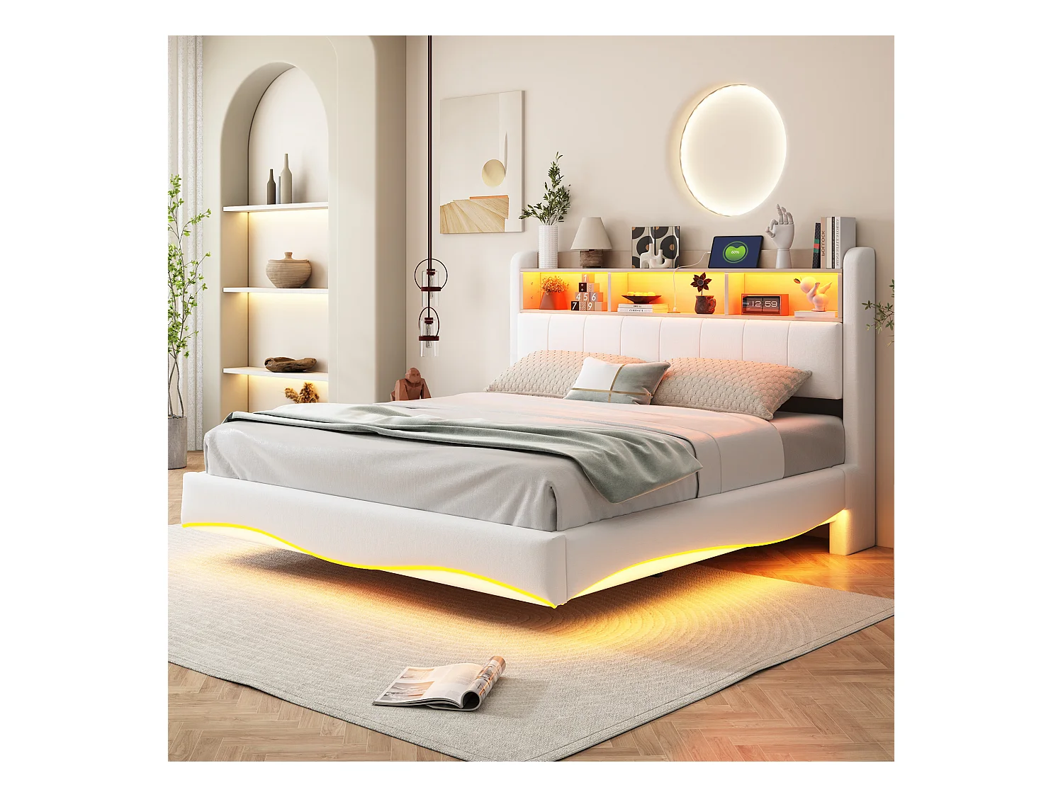 Hangbed 160x200 cm, LED, USB, Type-C, beige linnen, multifunctioneel, opbergruimte (211,5x160x110,5 cm)