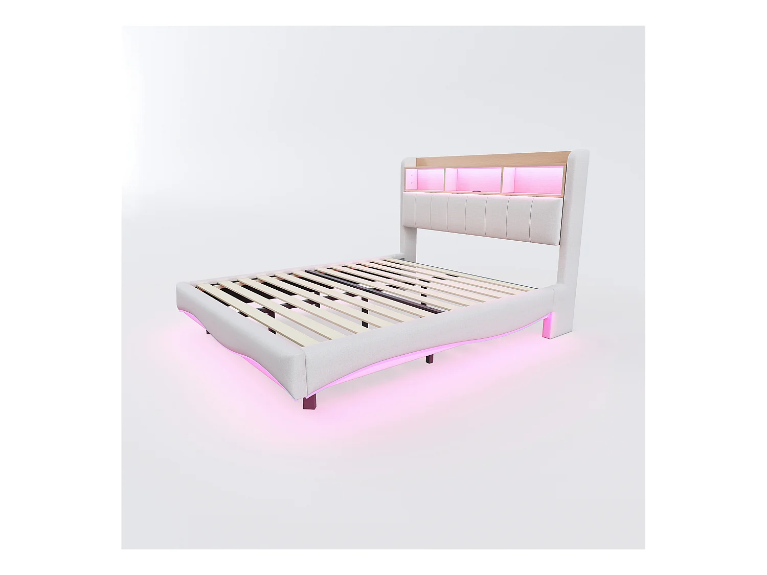 Hangbed 160x200 cm, LED, USB, Type-C, beige linnen, multifunctioneel, opbergruimte (211,5x160x110,5 cm)