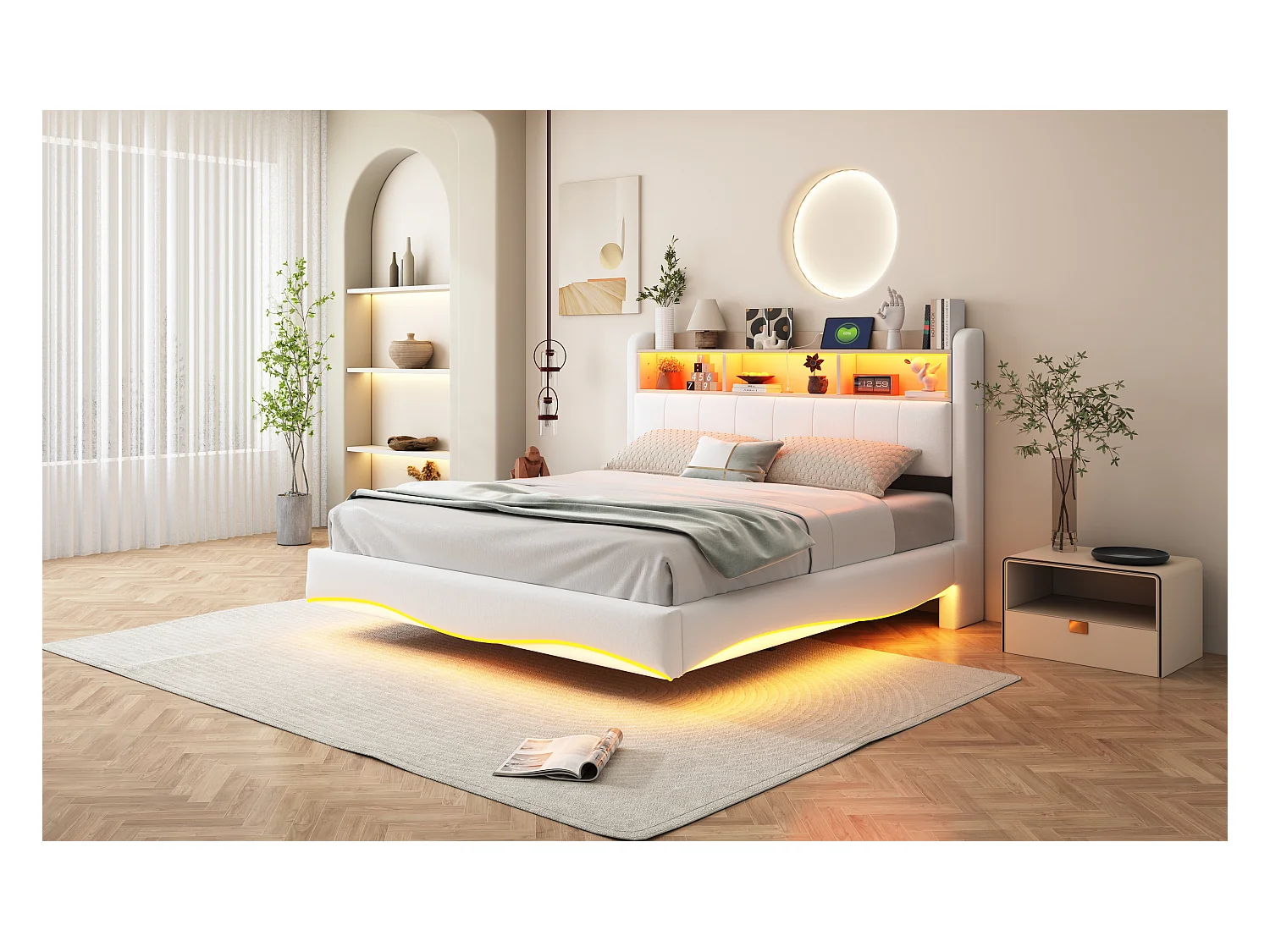Hangbed 160x200 cm, LED, USB, Type-C, beige linnen, multifunctioneel, opbergruimte (211,5x160x110,5 cm)