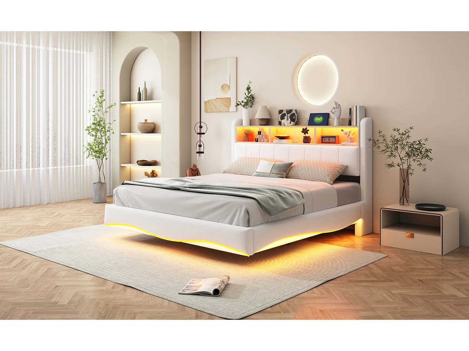 Lit suspendu 160x200 cm, LED, USB, Type-C, lin beige, multifonction, rangement (211.5x160x110.5 cm)