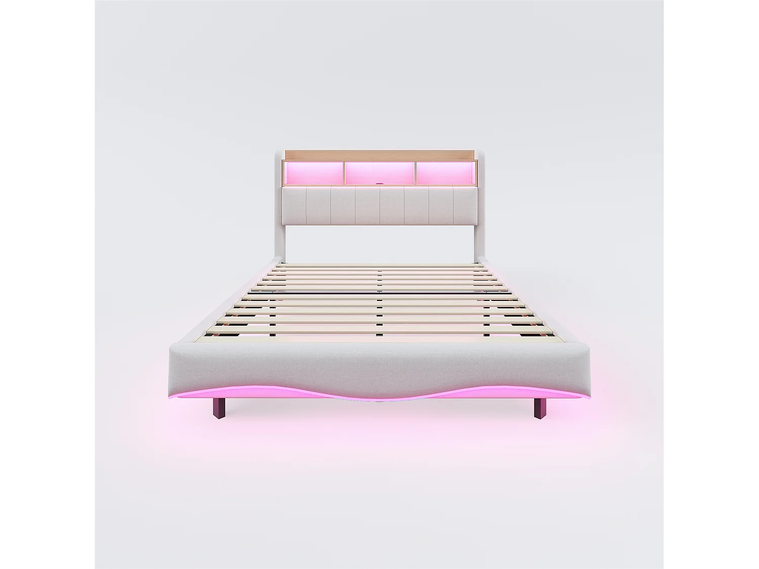 Lit suspendu 160x200 cm, LED, USB, Type-C, lin beige, multifonction, rangement (211.5x160x110.5 cm)