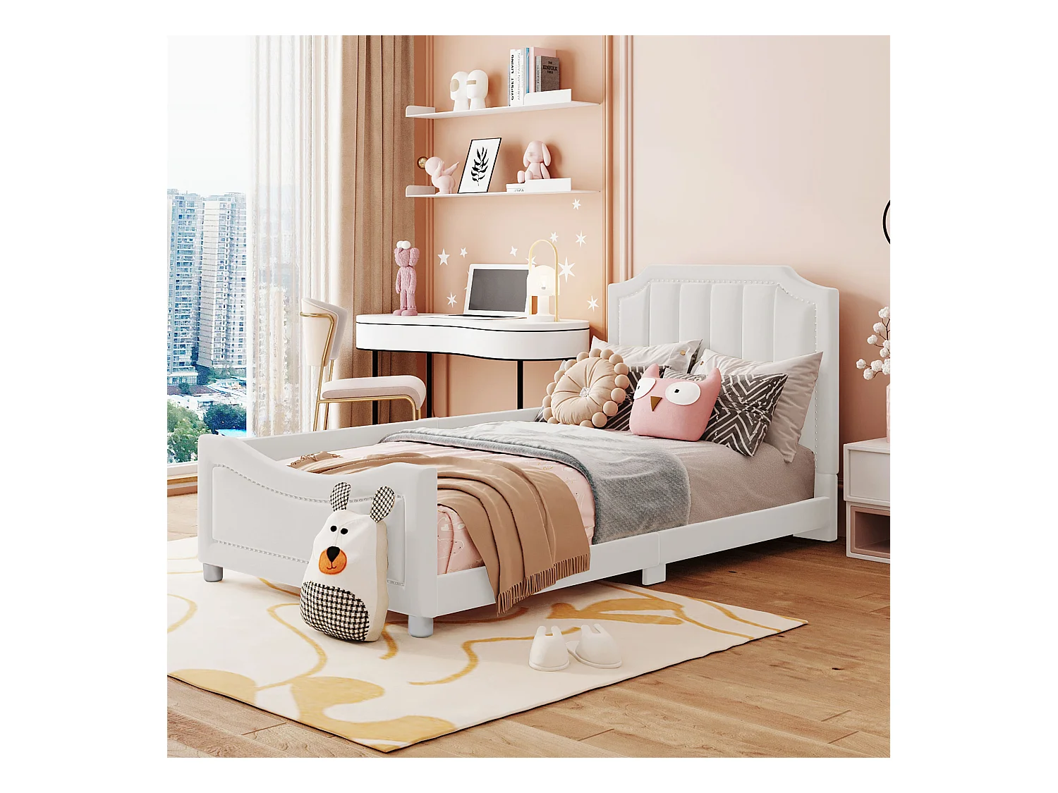 Multifunctioneel kinderbed met flanelbekleding, beige MDF frame (204x147x60cm)
